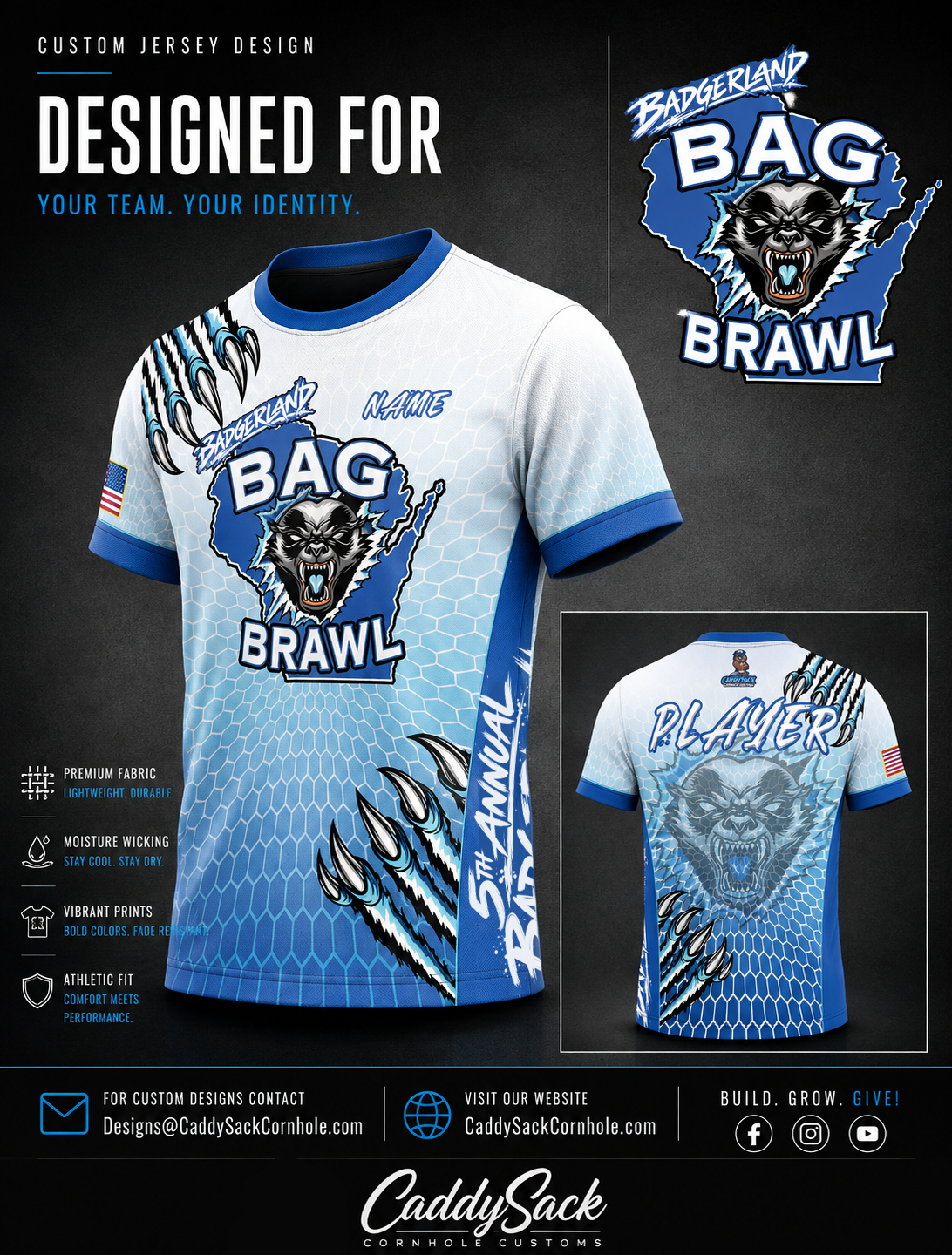 BADGERLND BAG BRAWL “5TH ANNUAL” OFFICIAL TOURNMENT JERSEY_ WHITE/BLUE