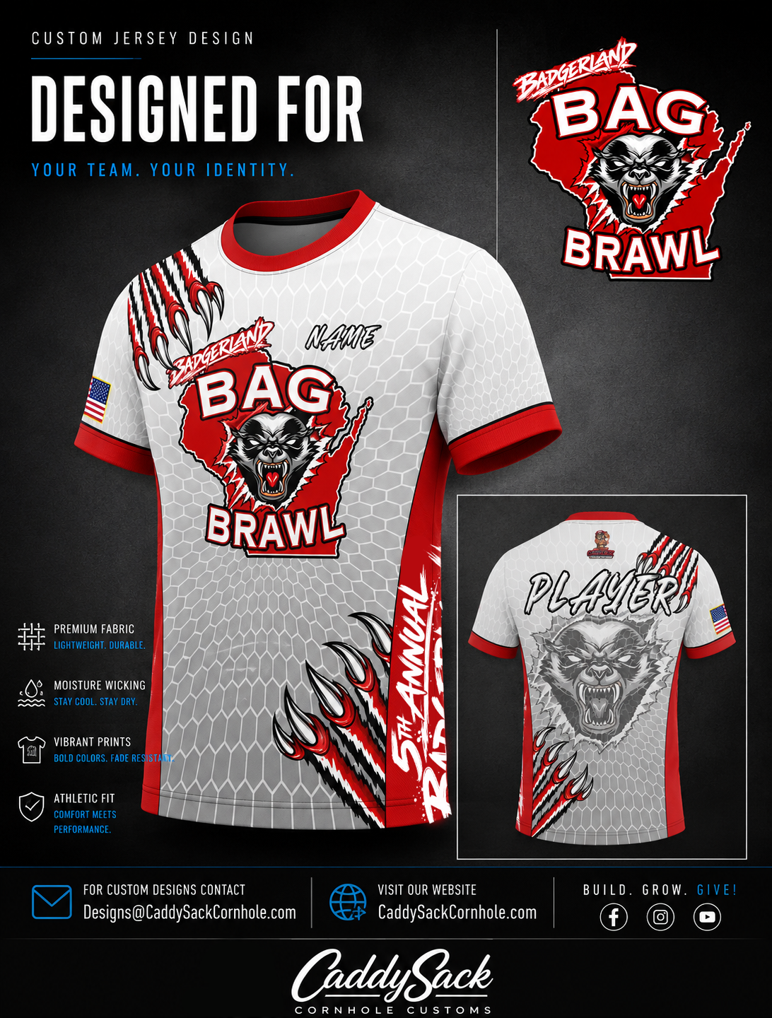 BADGERLND BAG BRAWL "5TH ANNUAL" OFFICIAL TOURNMENT JERSEY_ GREY/RED