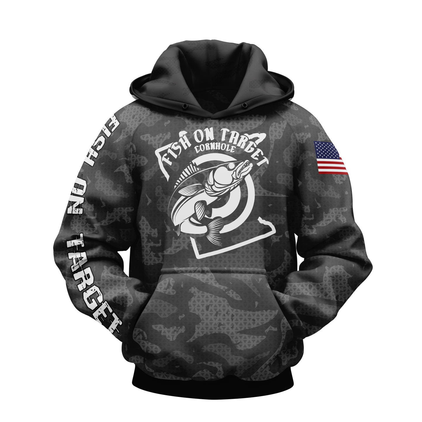 FISH ON TARGET CORNHOLE-SUBLIMATED HOODIE-CAMO (Multi-Colors)
