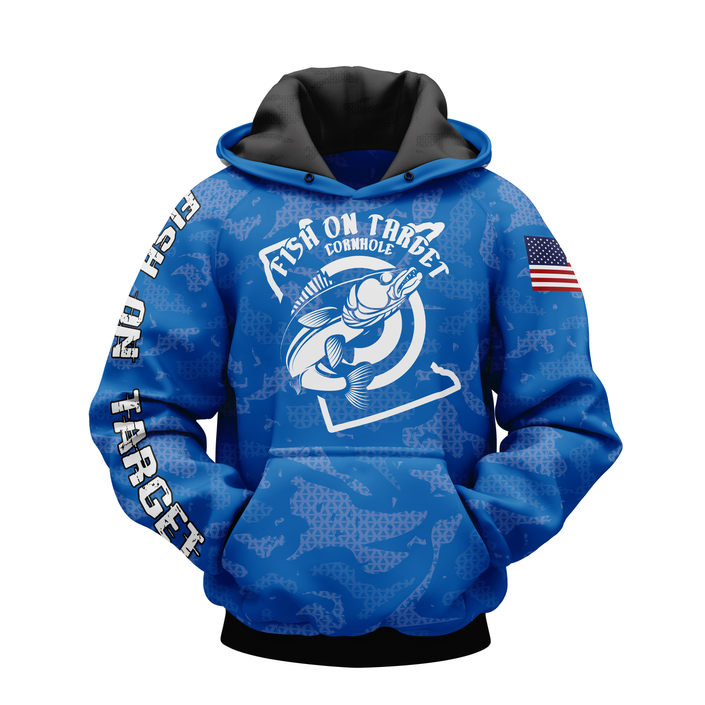 FISH ON TARGET CORNHOLE-SUBLIMATED HOODIE-CAMO (Multi-Colors)