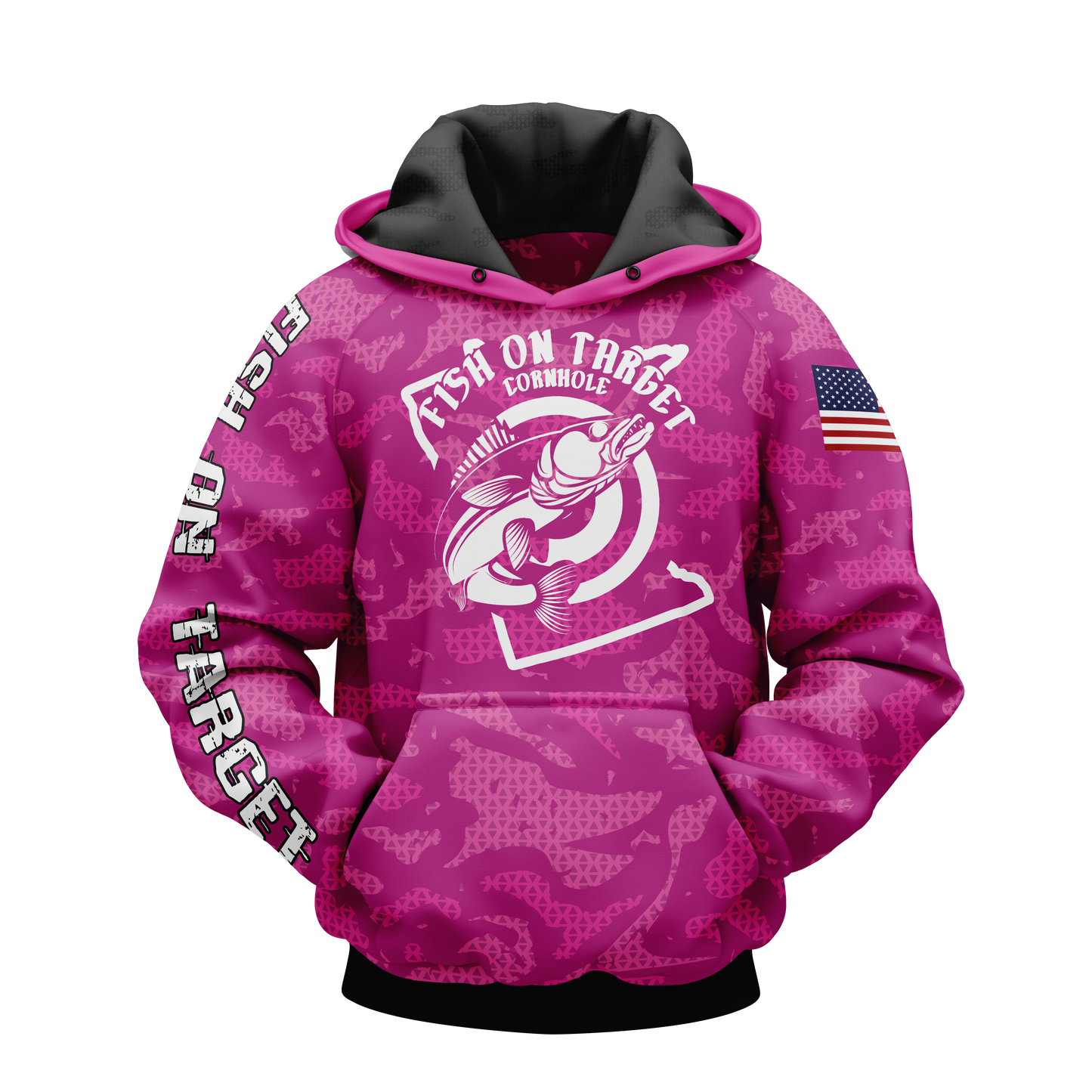 FISH ON TARGET CORNHOLE-SUBLIMATED HOODIE-CAMO (Multi-Colors)
