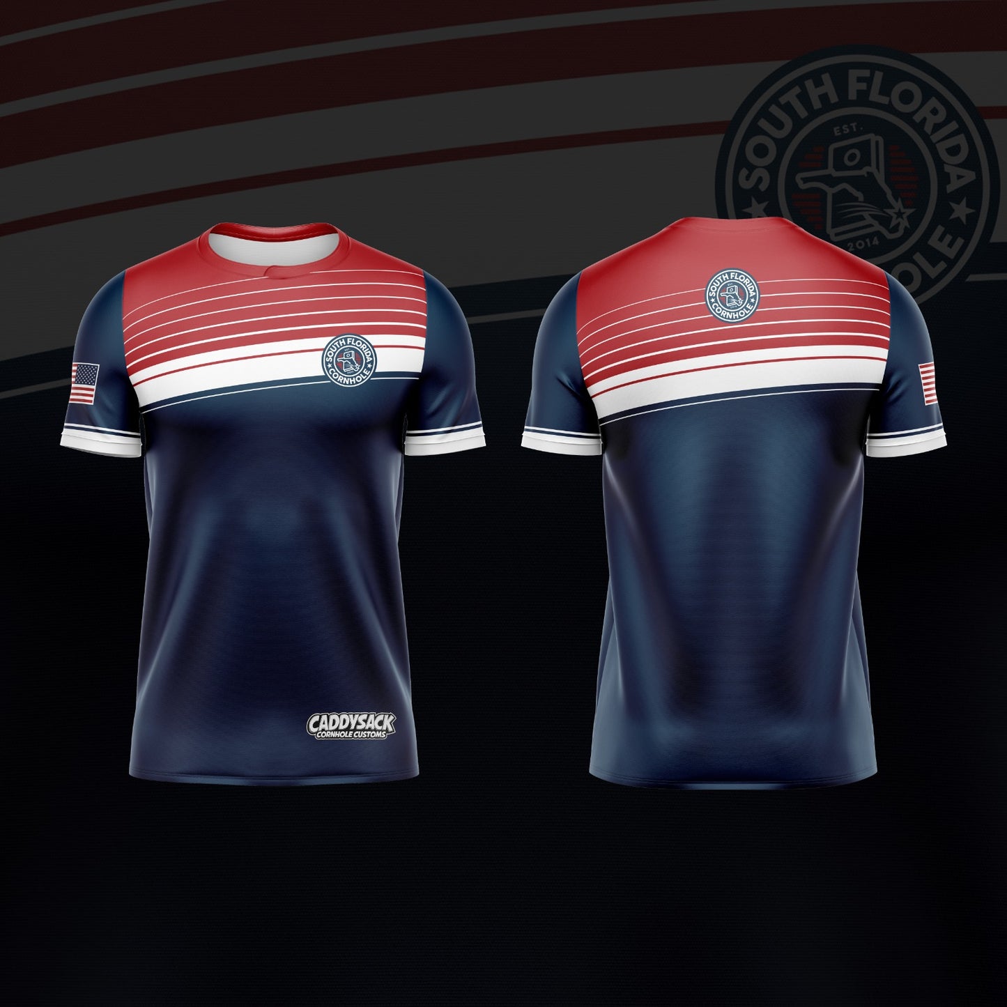 SOUTH FLORIDA CORNHOLE JERSEY "ANGLED LINE" -RED/WHITE AND BLUE