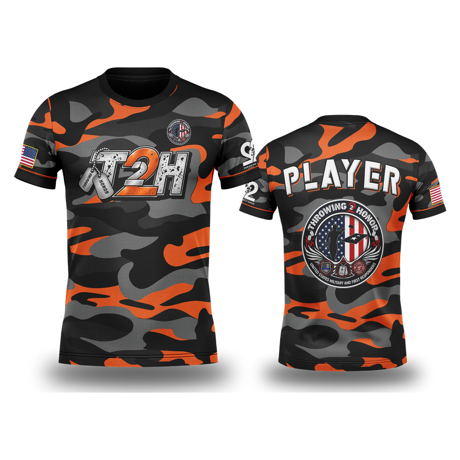 Throwing 2 Honor Tactical Camo jersey in Orange, front and back preview