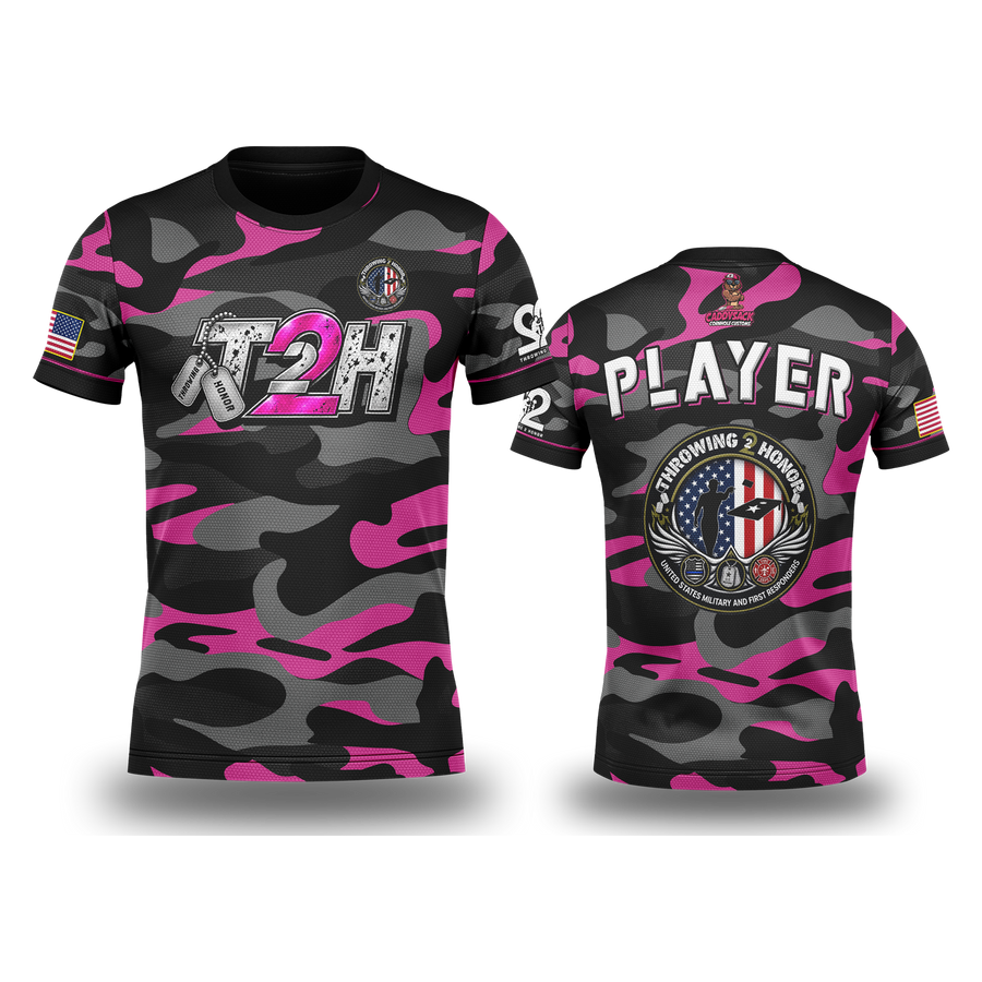 Throwing 2 Honor Tactical Camo jersey in Pink, front and back preview